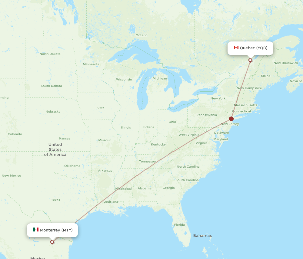 Monterrey - Quebec route map and flight paths