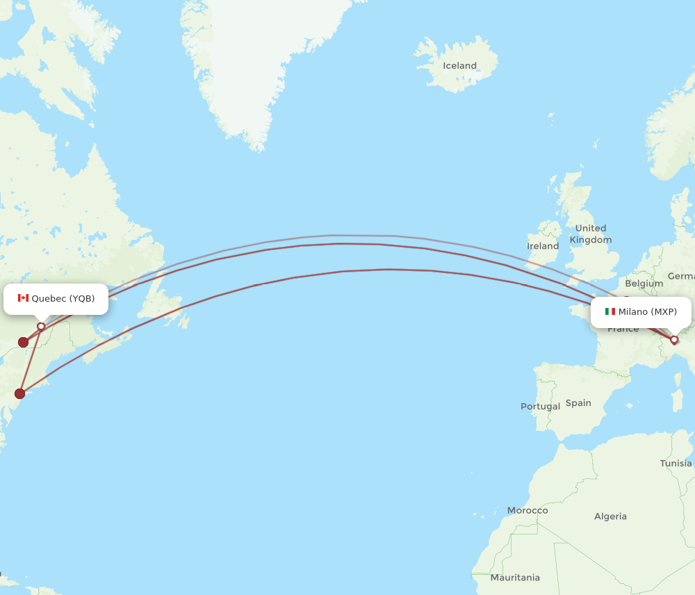 YQB to MXP flights and routes map