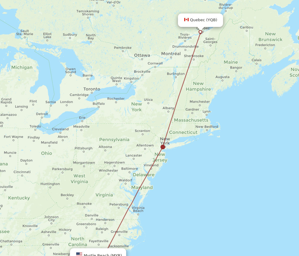 YQB-MYR flight routes