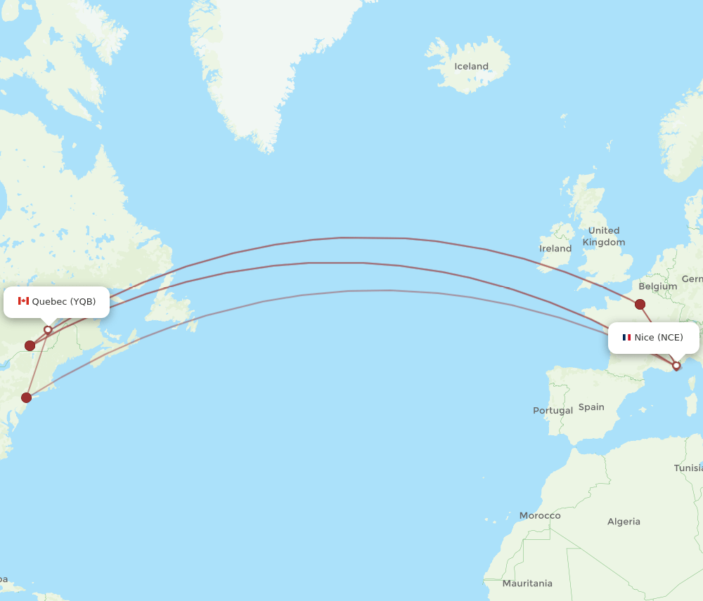 YQB to NCE flights and routes map