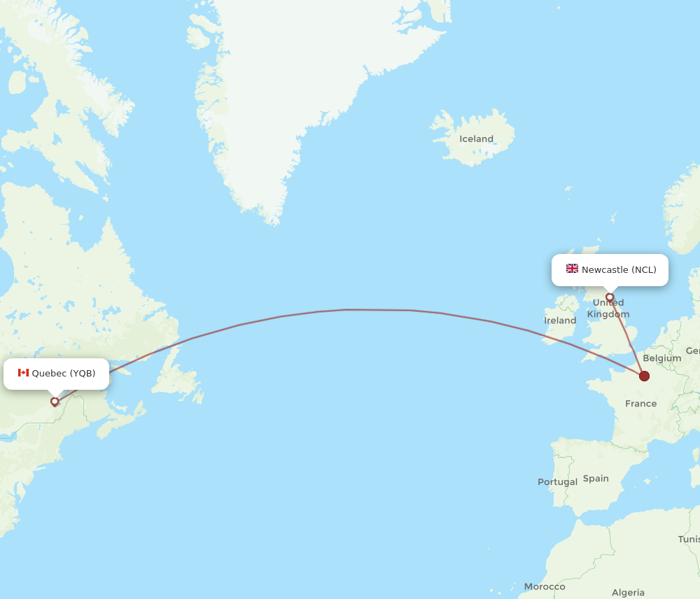 YQB to NCL flights and routes map
