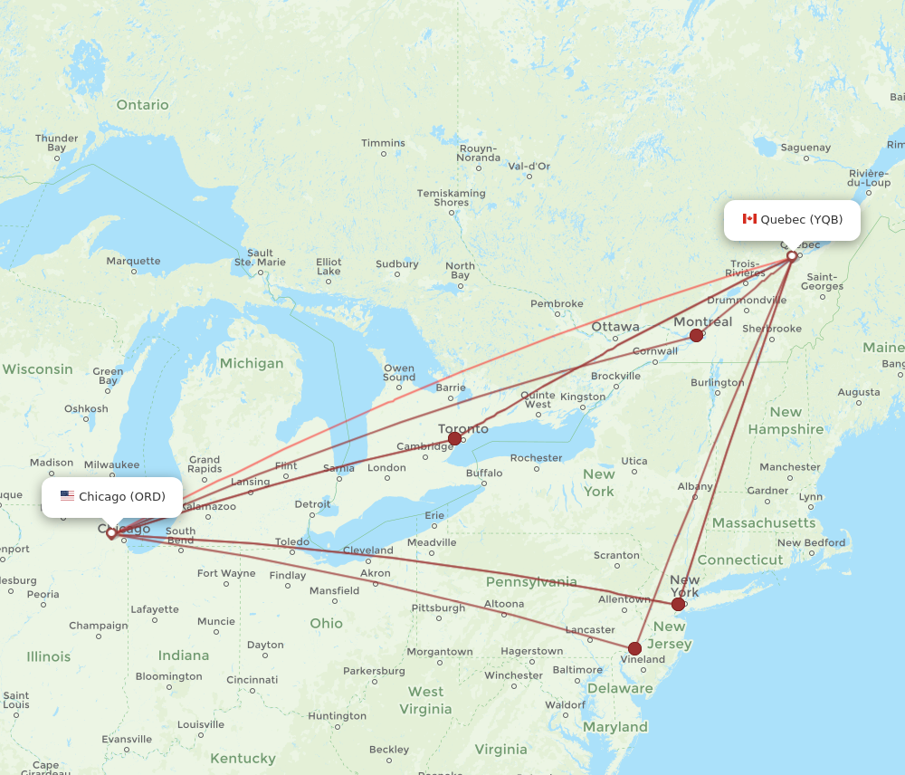 YQB to ORD flights and routes map