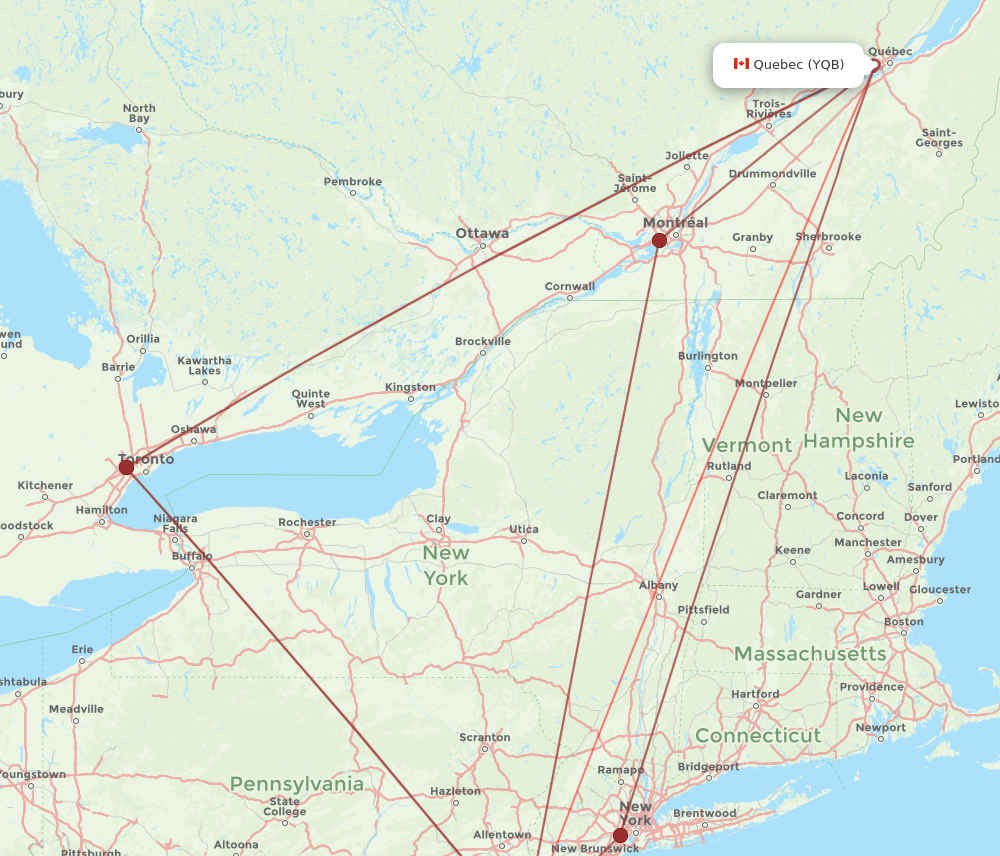 YQB to PHL flights and routes map