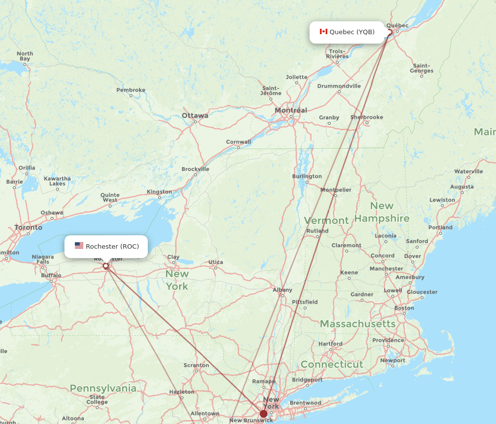 YQB to ROC flights and routes map