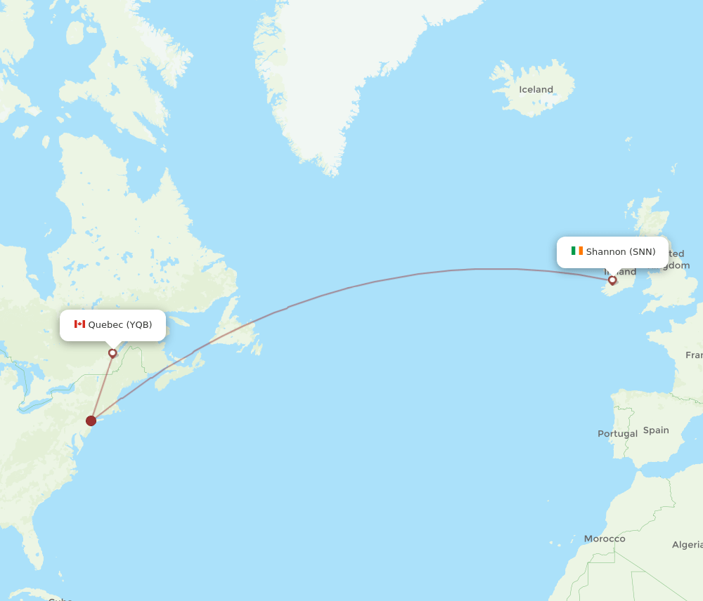 YQB to SNN flights and routes map