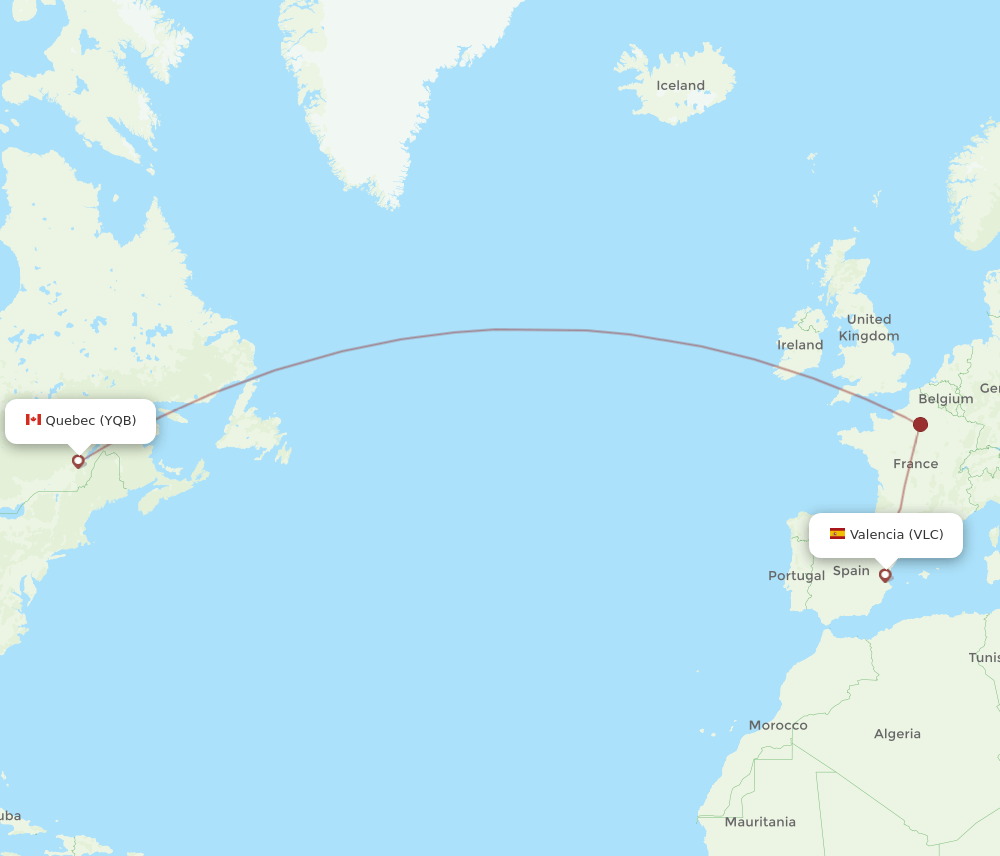 Valencia - Quebec route map and flight paths