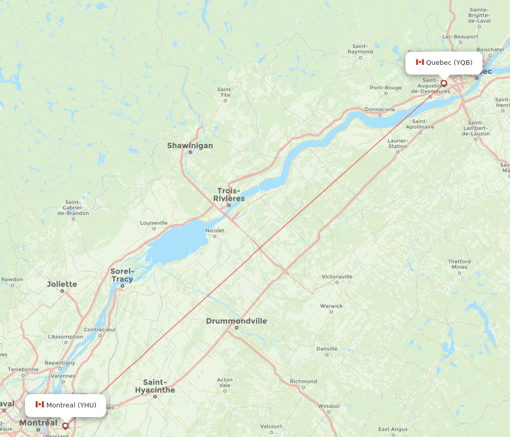 Quebec - Montreal route map and flight paths