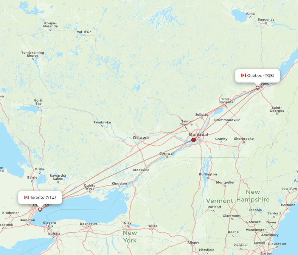 YQB to YTZ flights and routes map