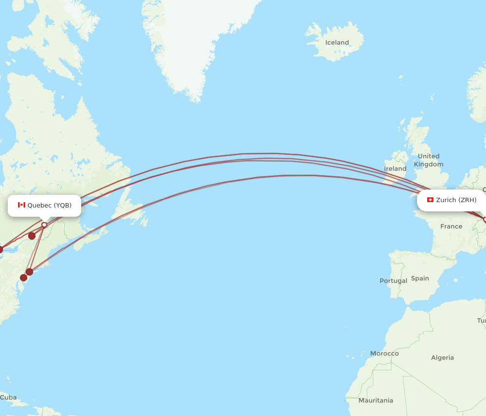 Zurich - Quebec route map and flight paths