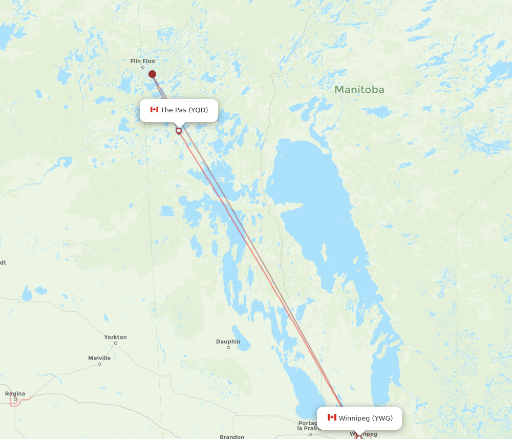 YQD to YWG flights and routes map