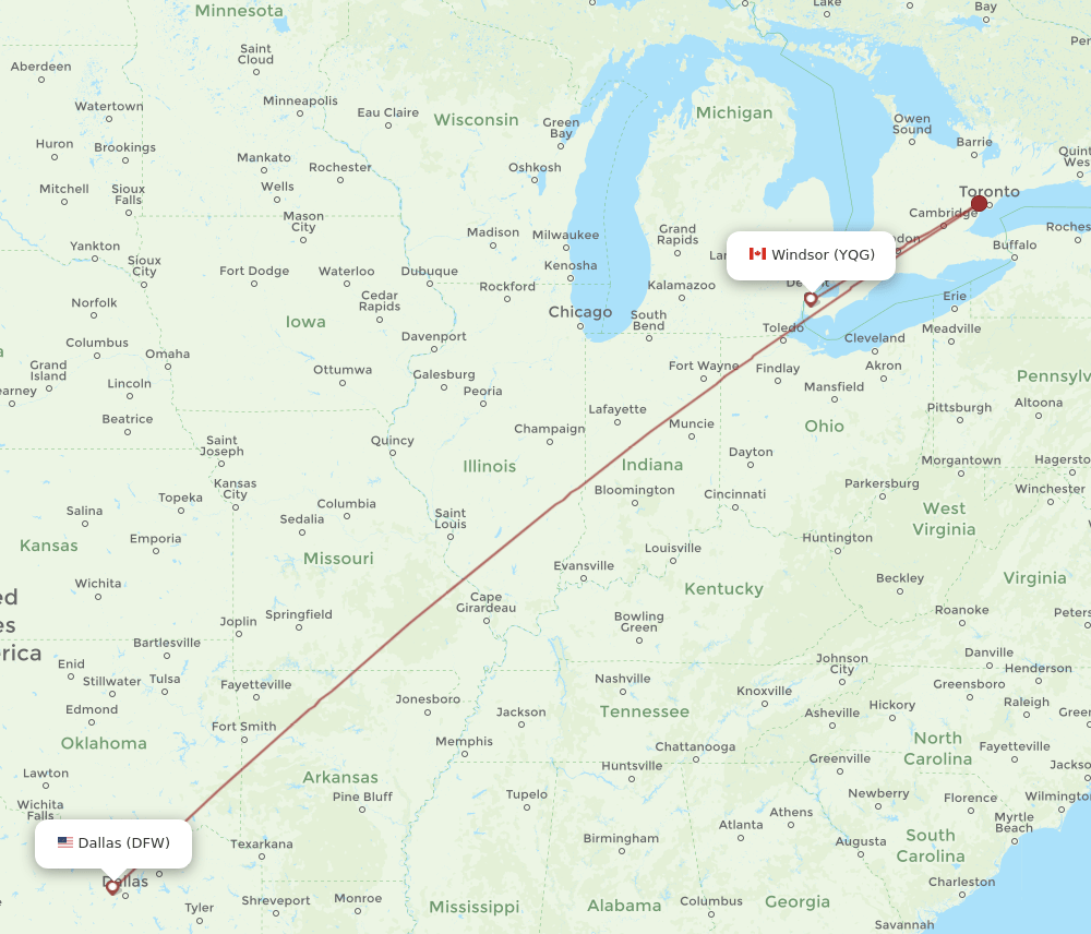 YQG to DFW flights and routes map