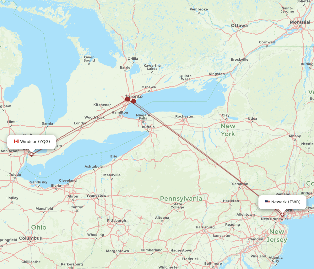 YQG-EWR flight routes