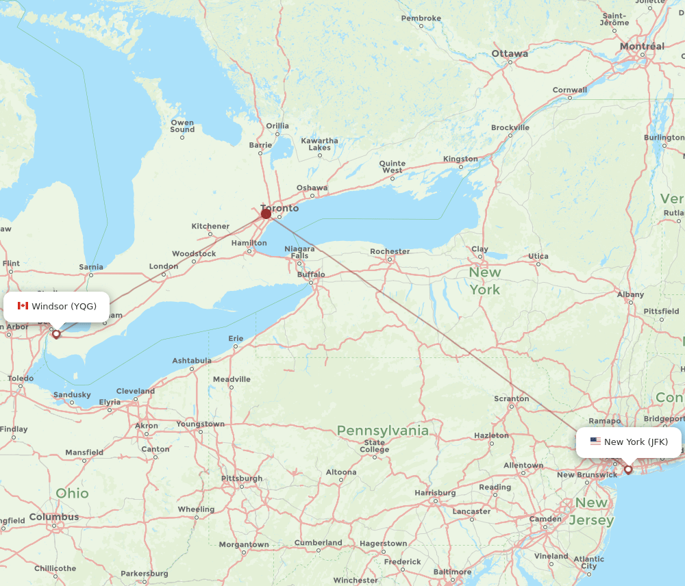 YQG-JFK flight routes
