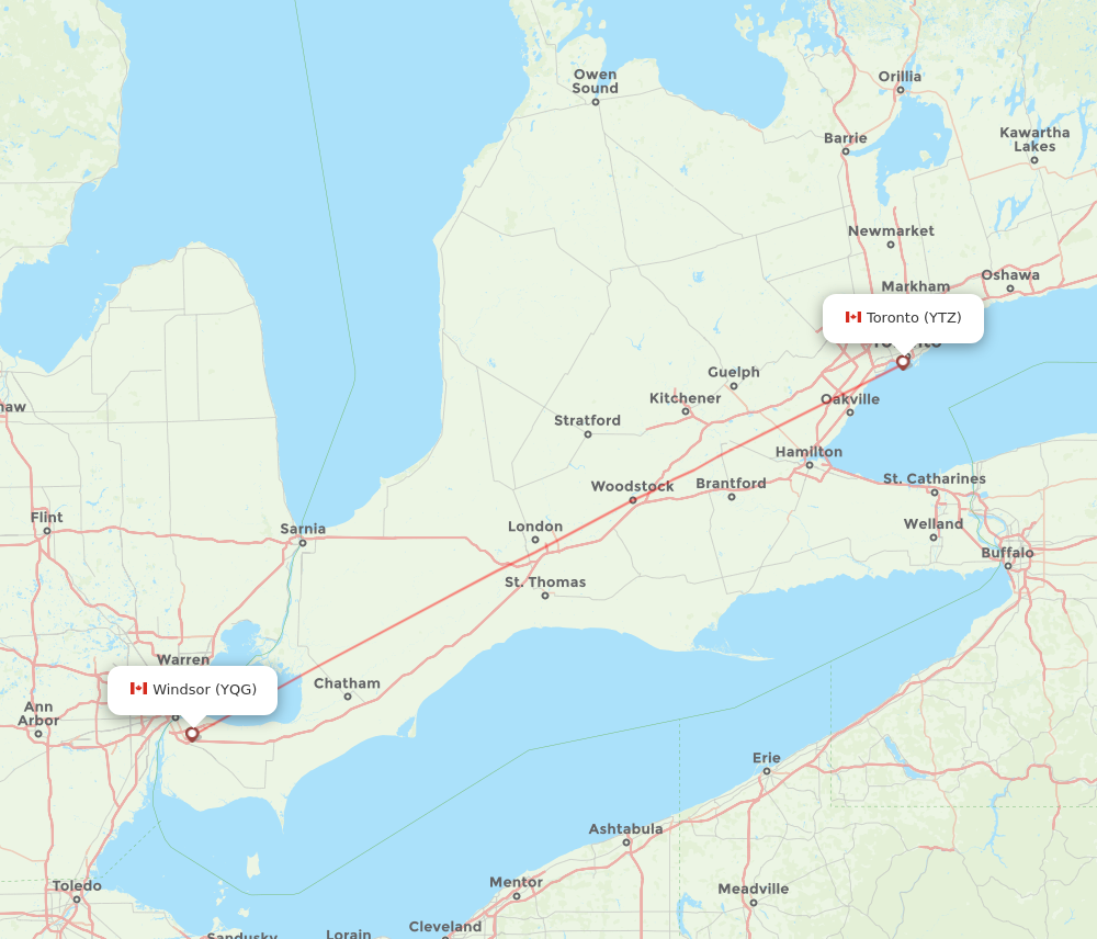 YQG to YTZ flights and routes map