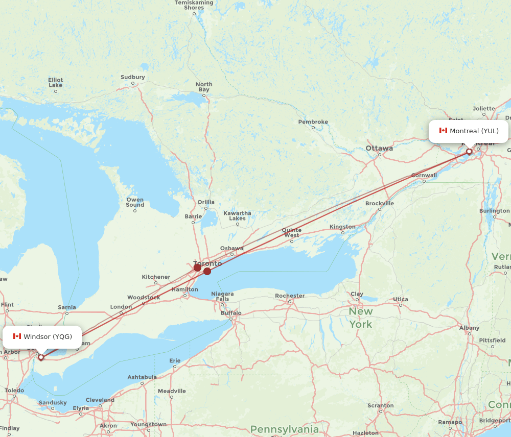 Montreal - Windsor route map and flight paths