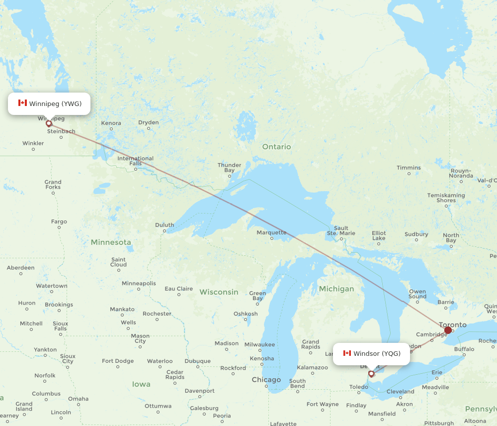 Winnipeg - Windsor route map and flight paths