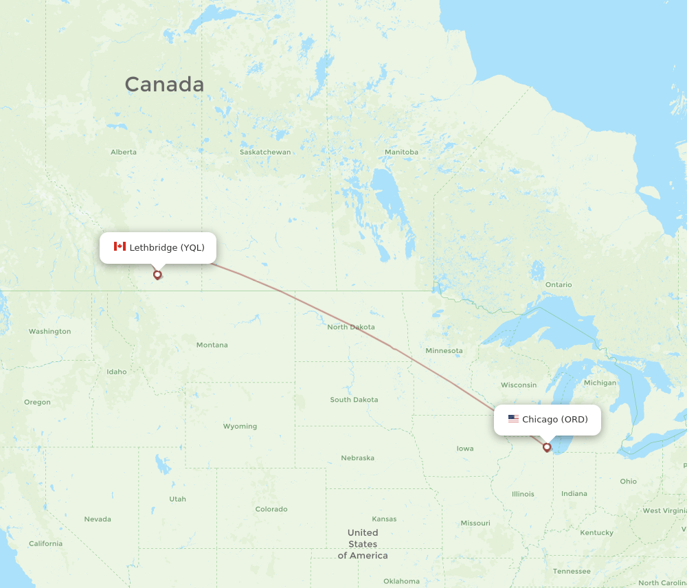 Chicago - Lethbridge route map and flight paths