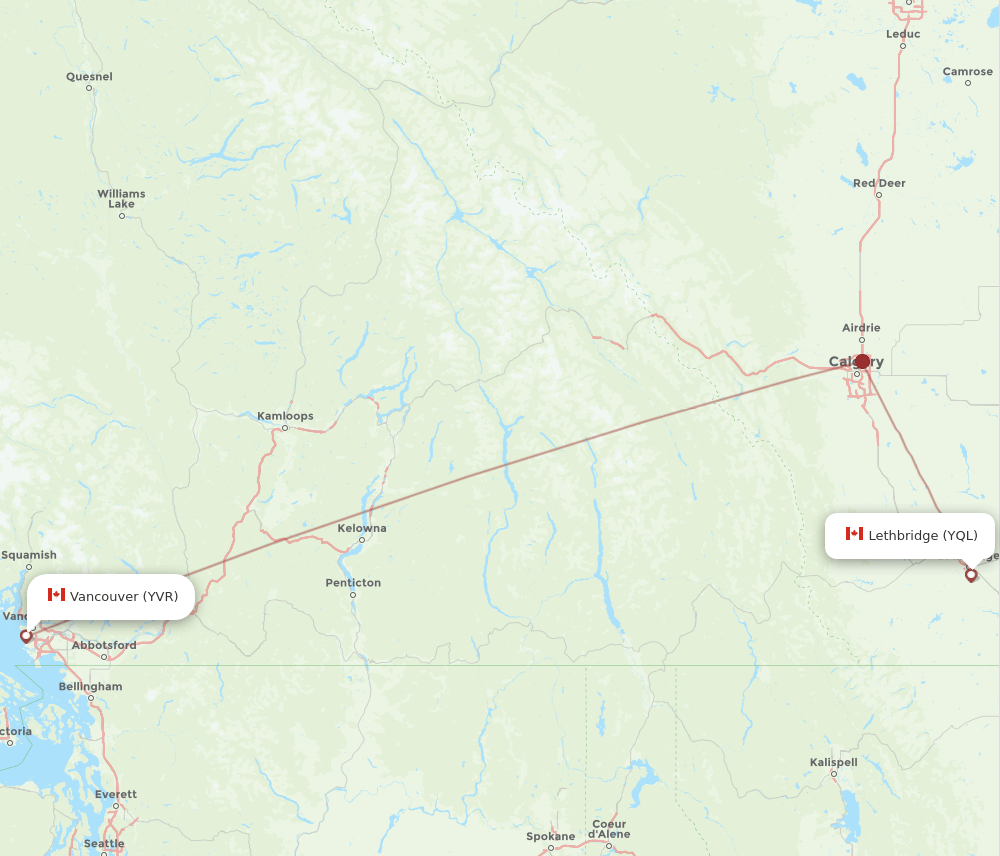 Vancouver - Lethbridge route map and flight paths