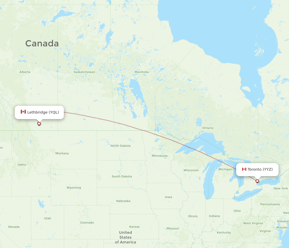 Toronto - Lethbridge route map and flight paths