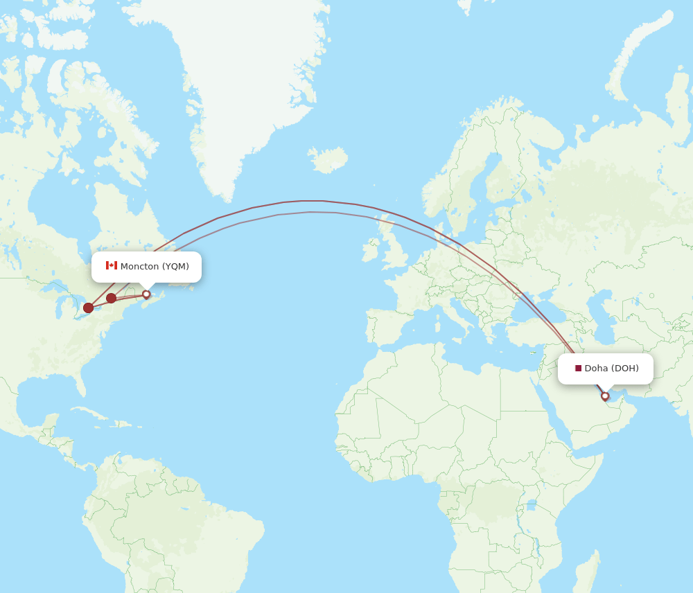Moncton - Doha route map and flight paths