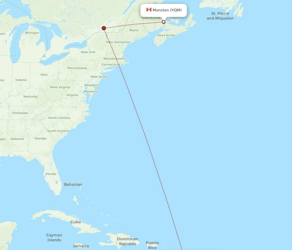 Fort De France - Moncton route map and flight paths