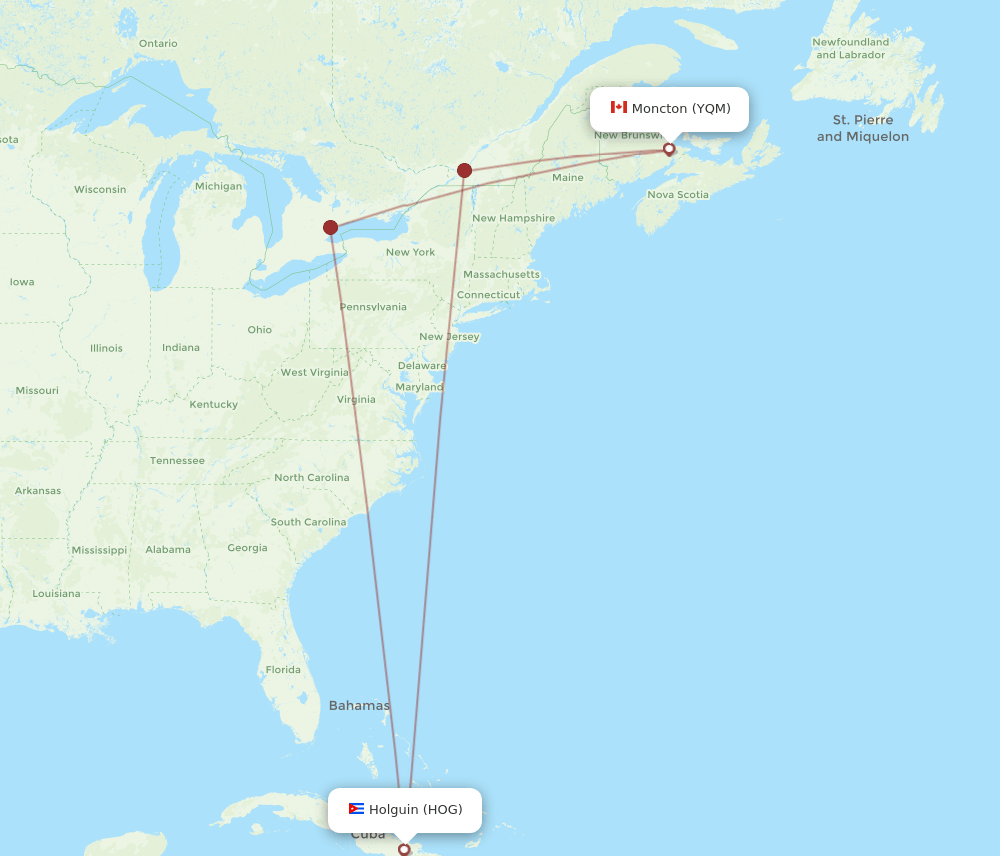YQM to HOG flights and routes map