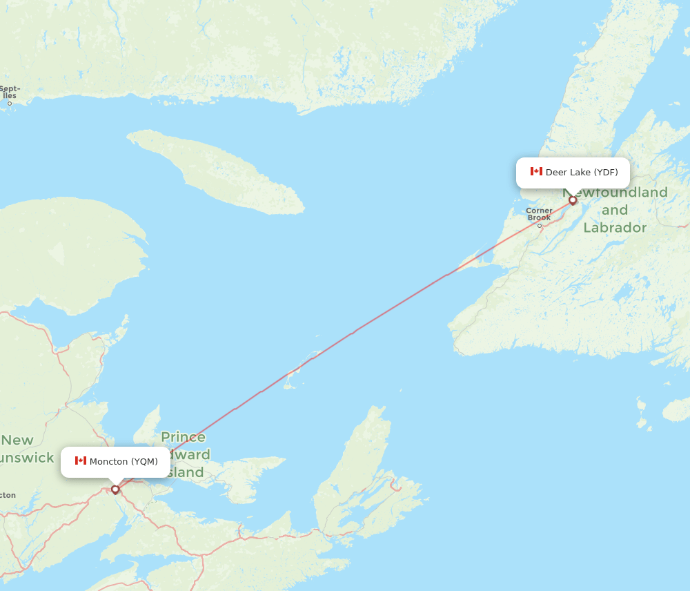 Moncton - Deer Lake route map and flight paths