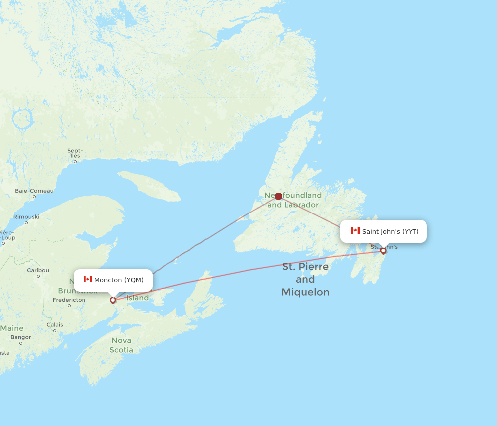 Moncton - St. John's route map and flight paths