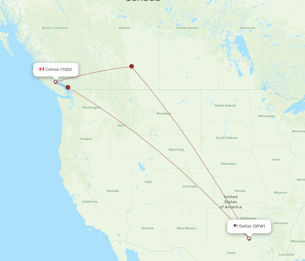 YQQ to DFW flights and routes map
