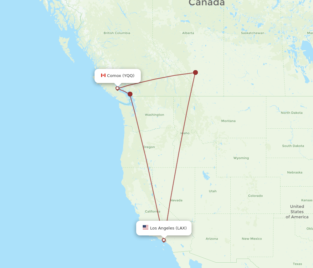 YQQ to LAX flights and routes map