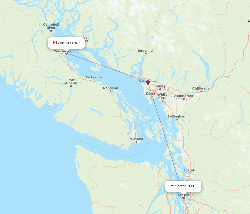 YQQ to LKE flights and routes map