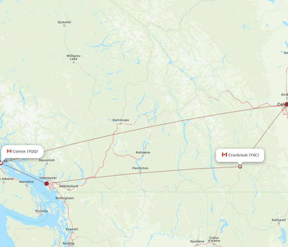 Cranbrook - Comox route map and flight paths