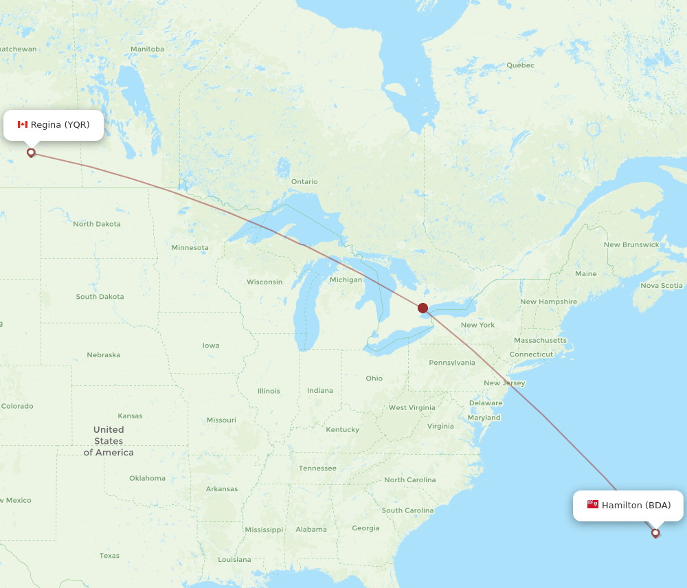 Regina - Bermuda route map and flight paths