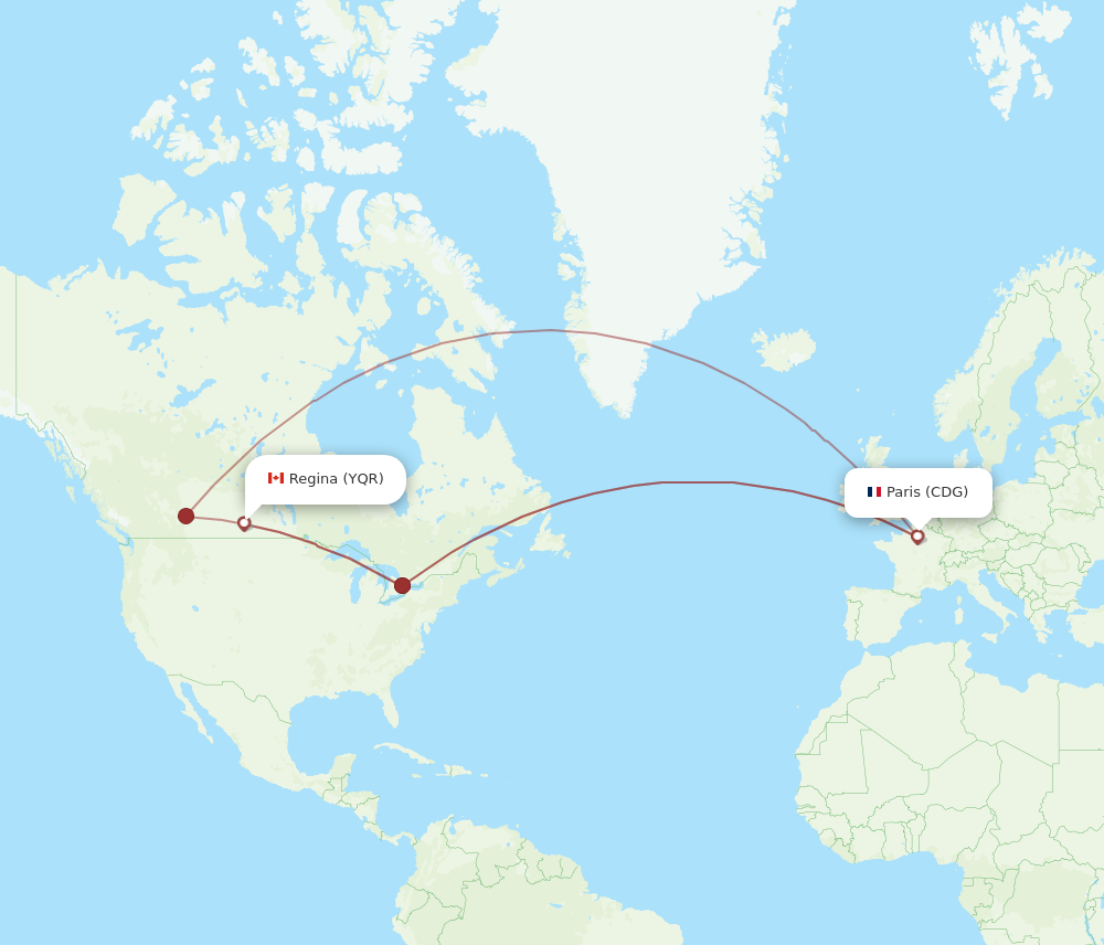 YQR to CDG flights and routes map