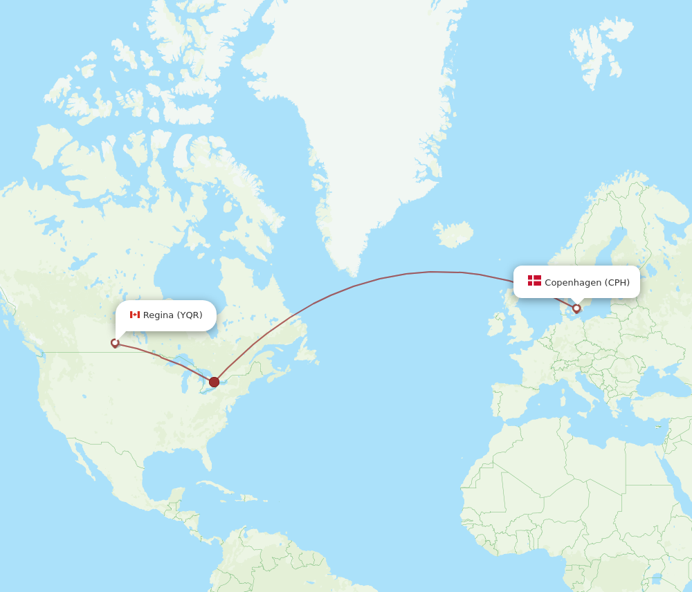 YQR to CPH flights and routes map