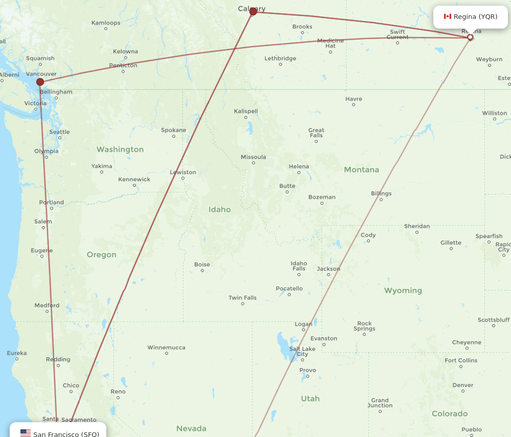 YQR to SFO flights and routes map