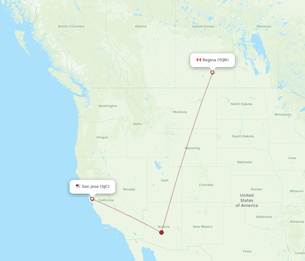 YQR to SJC flights and routes map