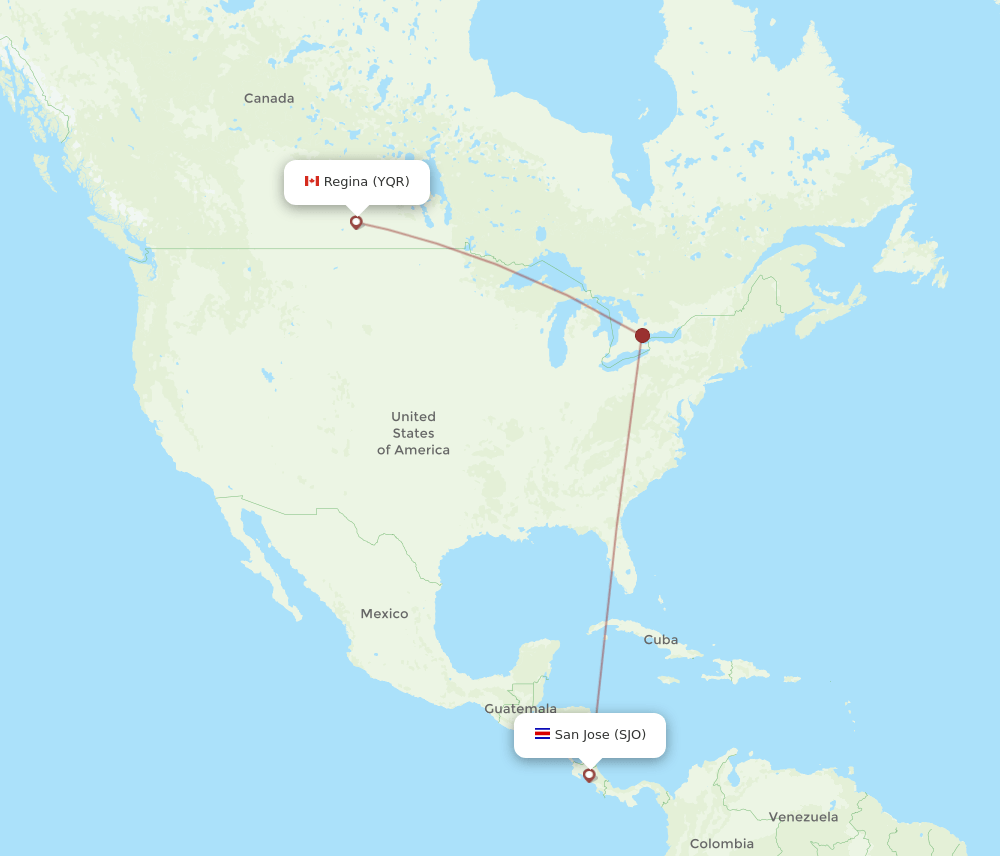 YQR to SJO flights and routes map