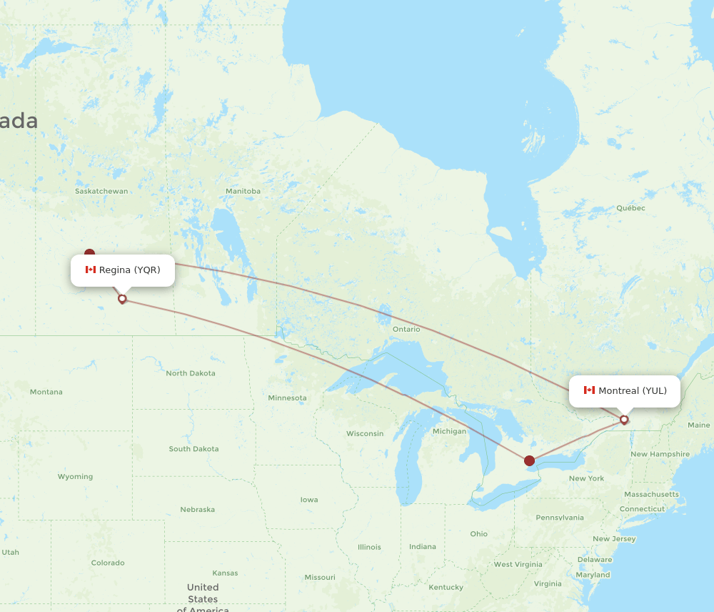 Montreal - Regina route map and flight paths