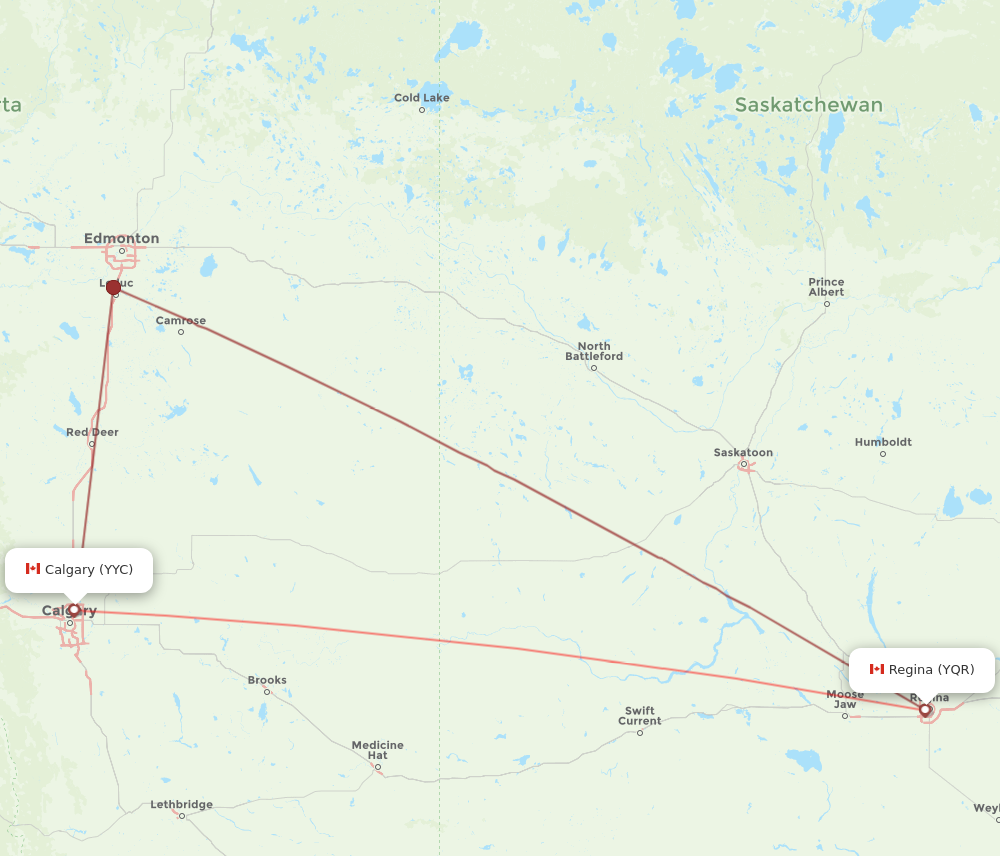 YQR to YYC flights and routes map