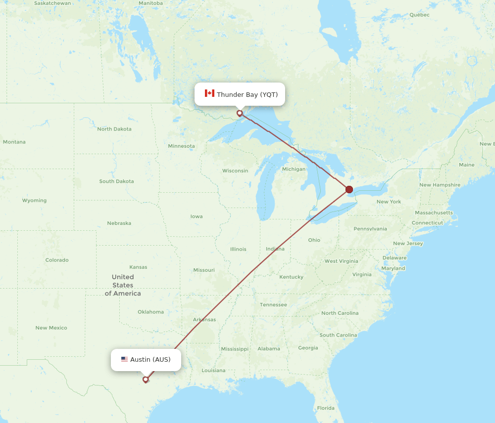 YQT to AUS flights and routes map