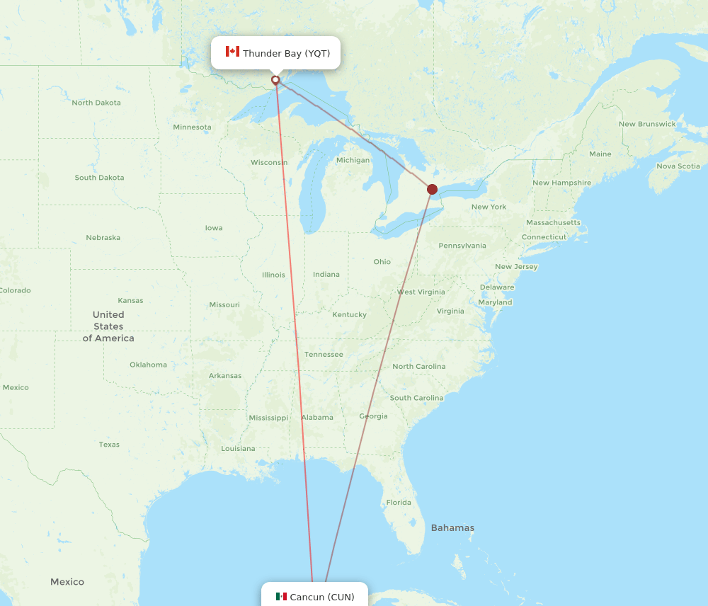 YQT to CUN flights and routes map