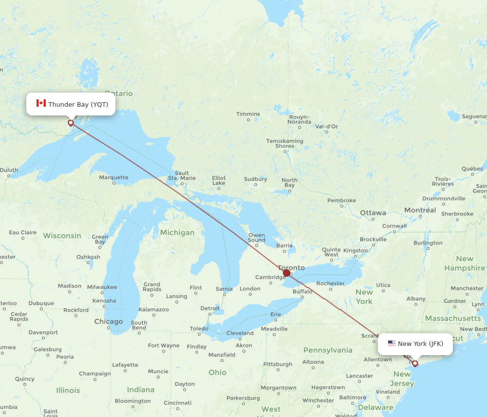 YQT to JFK flights and routes map