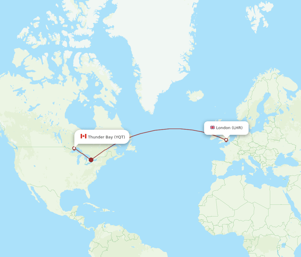 YQT to LHR flights and routes map