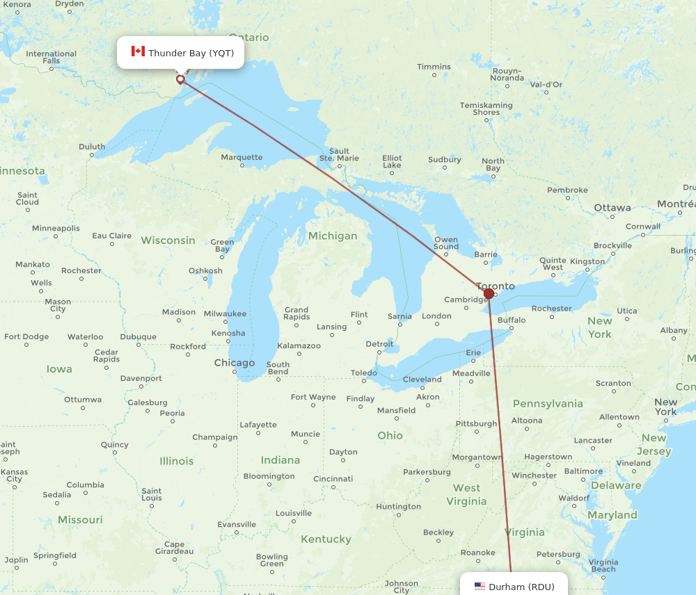 YQT to RDU flights and routes map