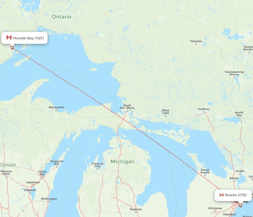 YQT to YTZ flights and routes map