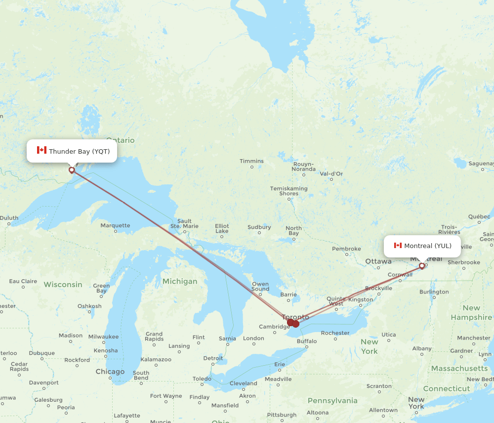 Montreal - Thunder Bay route map and flight paths