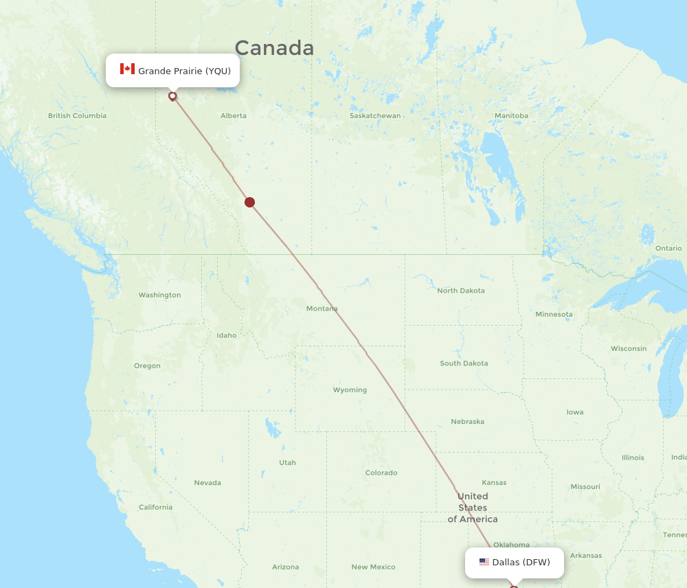 YQU to DFW flights and routes map