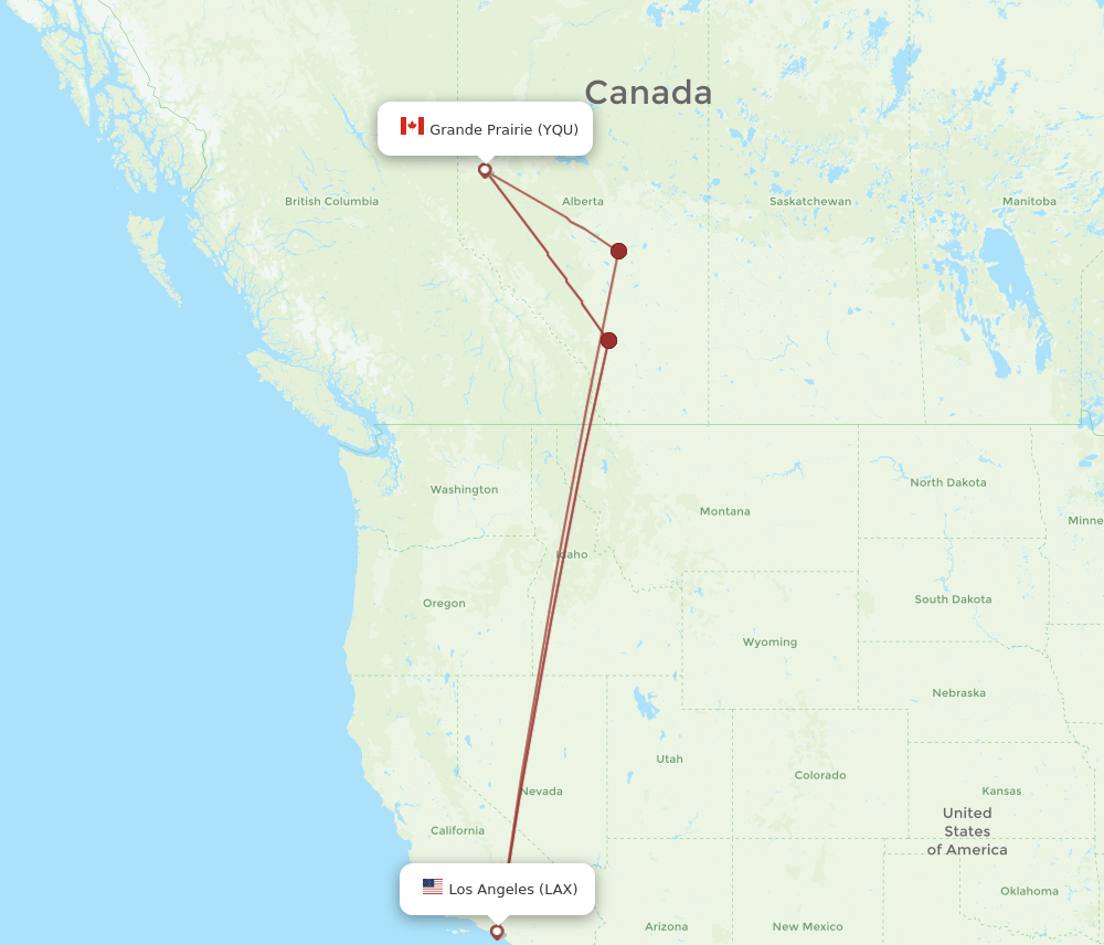 YQU to LAX flights and routes map