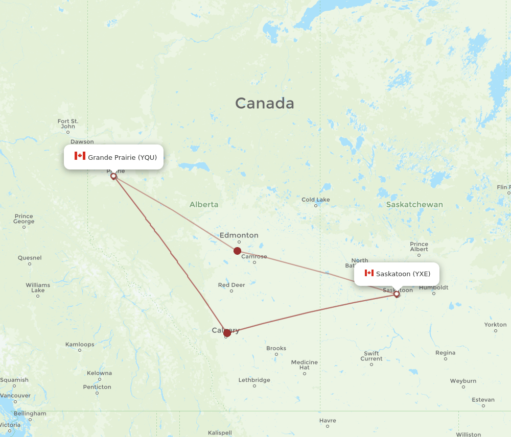YQU-YXE flight routes